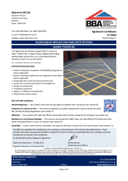 Alsan 770/870 RS - For use as waterproofing and wearing surfaces on car park decks