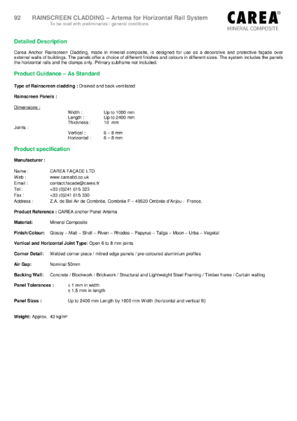 Artema Product Sheet