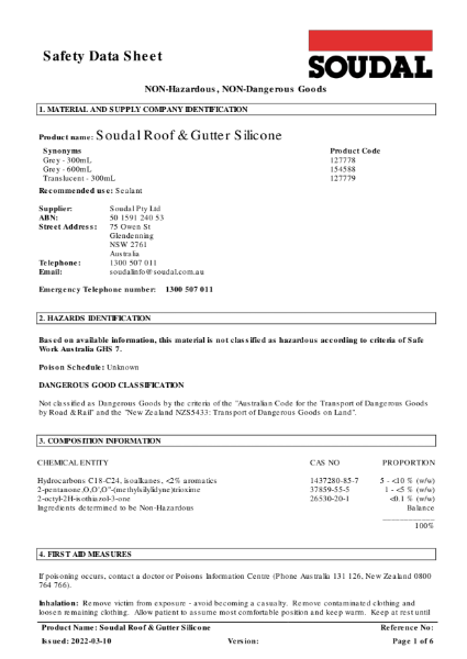 Roof & Gutter Silicone - Safety Data Sheet