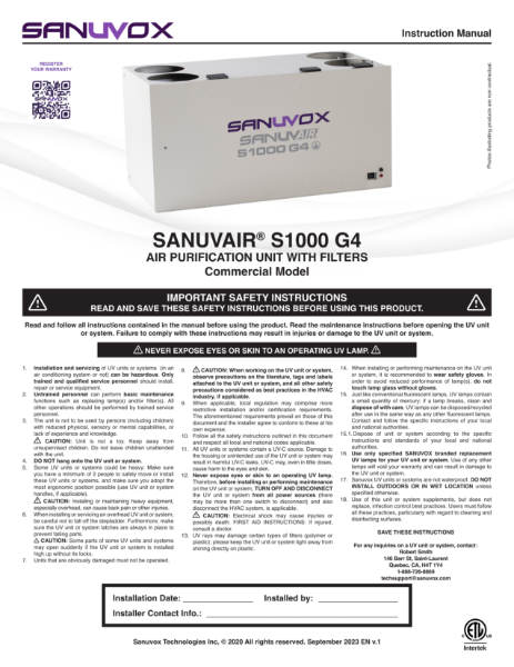 Instruction Manual for Sanuvair S1000 G4 (EN)