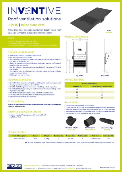 Timloc Building Products RTV-IS Inline Slate Vent Datasheet