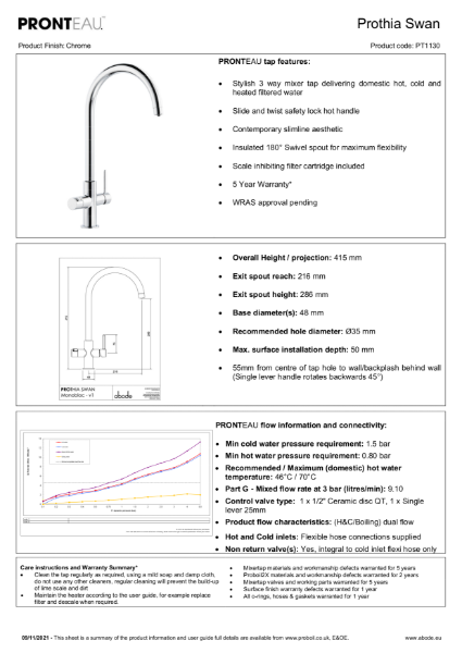 PT1130 Pronteau Prothia (Chrome), 3 IN 1 Steaming Hot Water Tap - Consumer Specification.