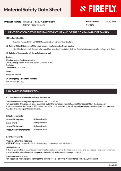 FIREFLY MSDS - FB180 Ablative Batt 60mm Floor System