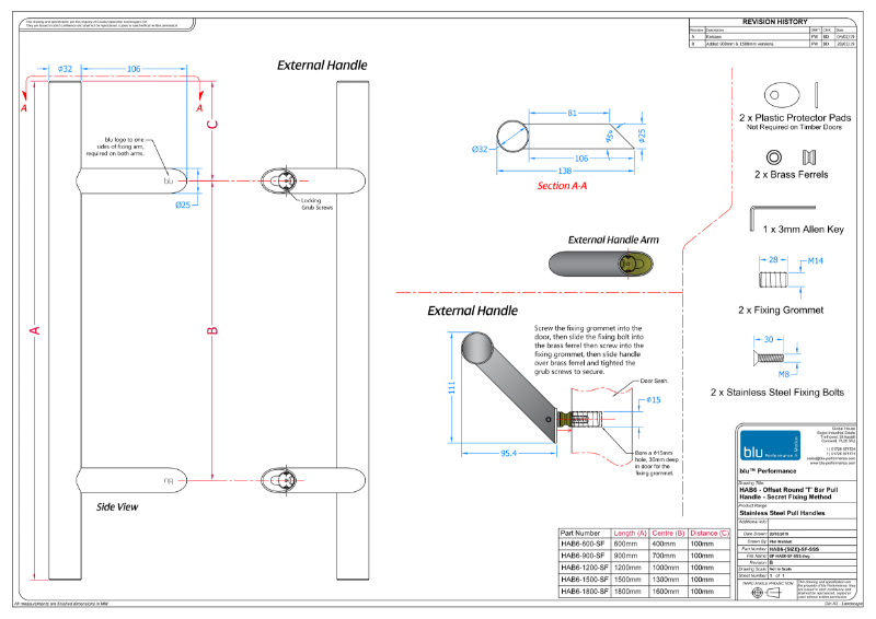 BLU™ HAB6 Offset Round 'T' Bar Pull Handle Secret Fix Coastal Group