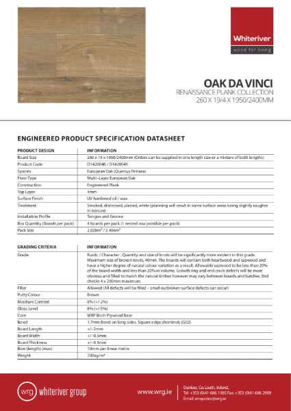 260 x 19 1950 & 2400mm Renaissance Oak Da Vinci Plank Spec Sheet