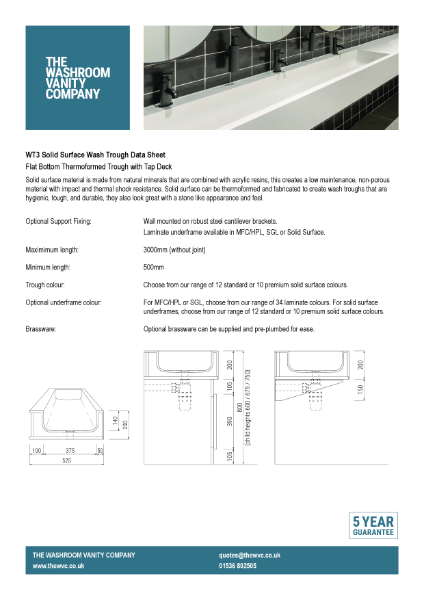 Solid Surface Flat Bottomed Wash Trough With Tap Deck - WT3