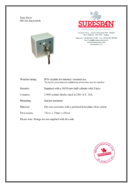 SP1161 Keyswitch - Internally Rated Key Switch (1)