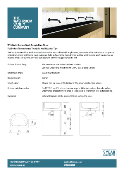 Solid Surface Flat Bottomed Wash Trough Without Tap Deck - WT4