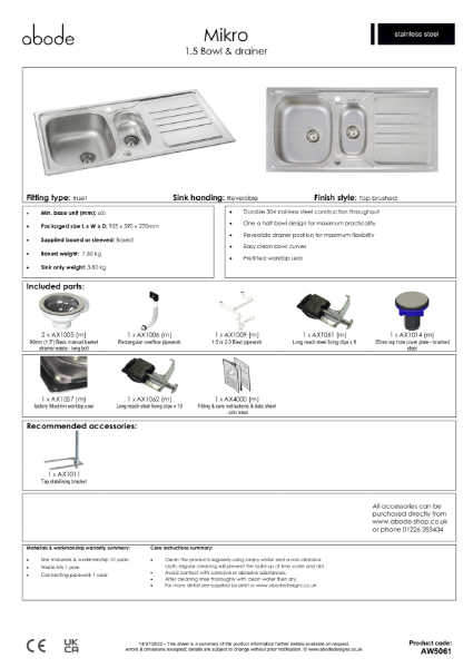 AW5061 Mikro, Stainless Steel Inset Sink & Drainer (1.5 Bowl) - Consumer Specification