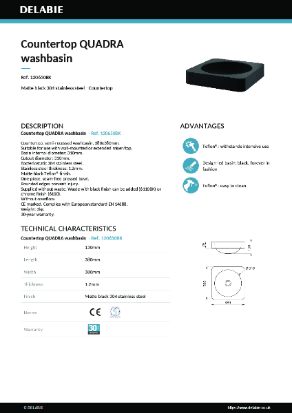 Countertop QUADRA washbasin 120650BK data sheet