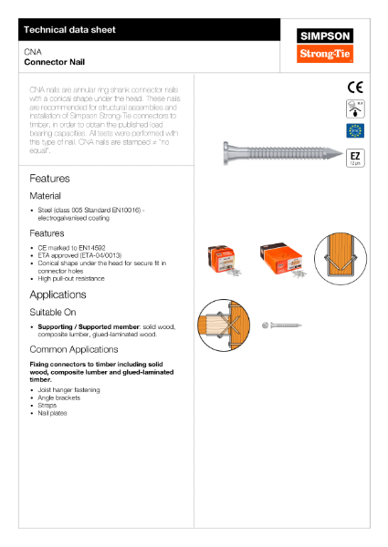 CNA: Connector Nails Technical Data Sheet