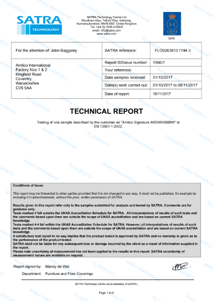 EN 13501-1:2002 Certificate (Amtico Signature)