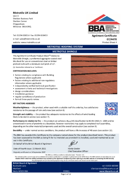 Metrotile Shingle BBA Certificate