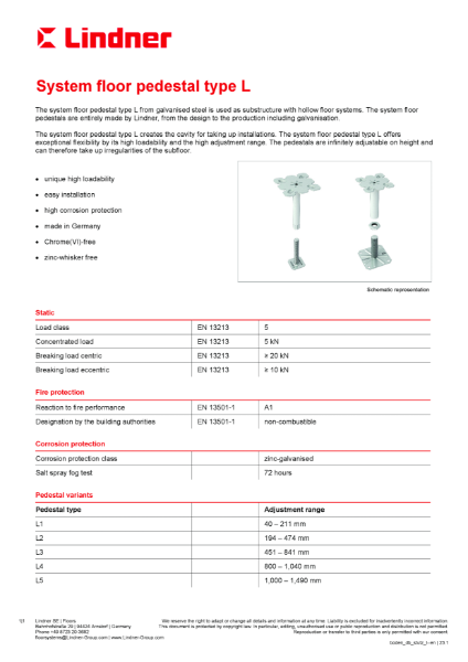 Lindner system floor pedestal type L