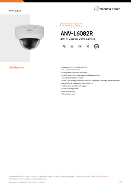 CCTV camera 2MP IR Outdoor Dome (ANV-L6082R) data sheet