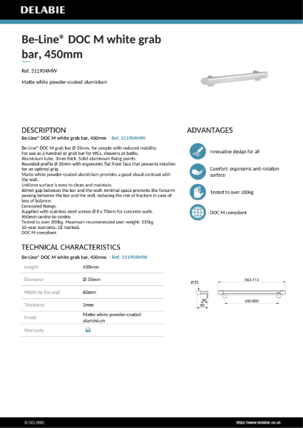 Be-Line® Grab Bars - White, 450 mm Doc M Product Data Sheet
