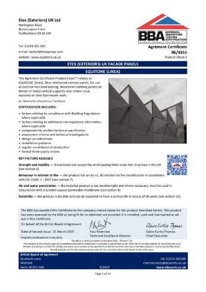 British Board of Agrément (BBA) - certificate [linea]