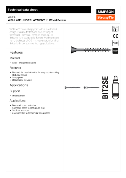 WSHL: UNDERLAYMENT to Wood Screw Technical Data Sheet