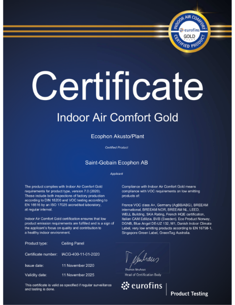 Ecophon Eurofins Certificate Indoor Air Comfort Gold Certificate - Akusto - Plant - November 2025