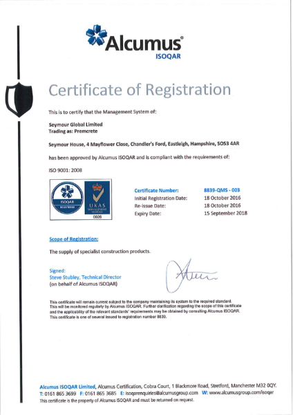 ISO 9001:2008 Certificate - Premcrete