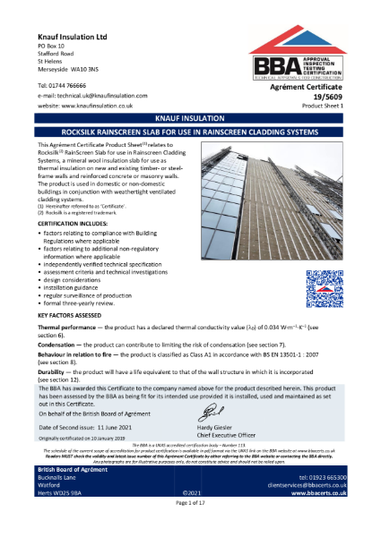 Knauf Insulation Rocksilk® RainScreen Slab - BBA Certificate 195609i1 (Standard Rainscreen Cladding) 