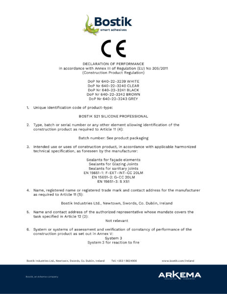 Bostik S21 CE Declaration of Performance