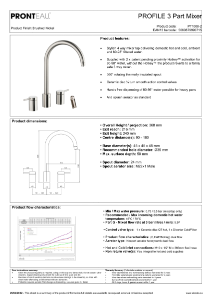 PT1008-2 Pronteau Profile 3 Part (Brushed Nickel), 4 IN 1 Steaming Hot Water Tap - Consumer Spec
