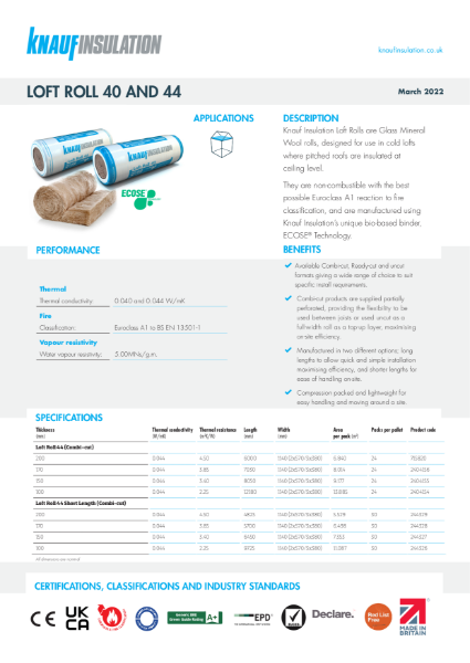 Knauf Insulation Loft Rolls - Product Datasheet