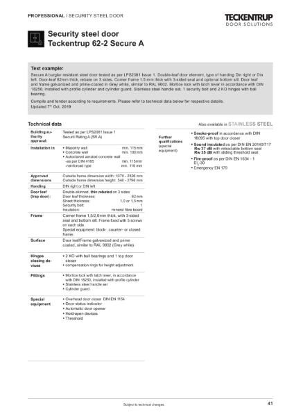 Security Steel Door LPS 2081 Issue 1 A (SR A) 62-2 Secure A (Technical Data)