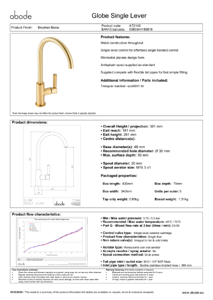 Globe Single Lever Brushed Brass Consumer Spec