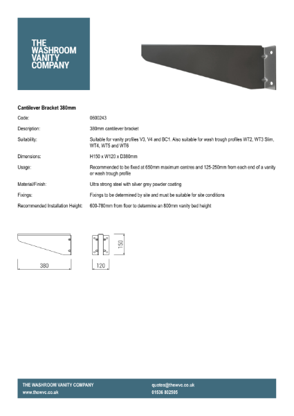 Vanity Top Cantilever Bracket - 380mm