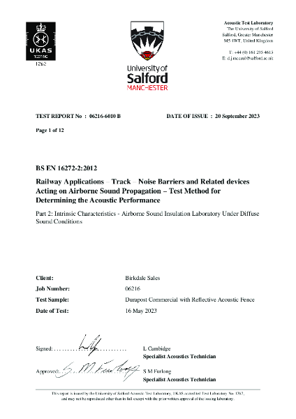 ISO 10140-2:2010 Sound Reduction Index Certificate