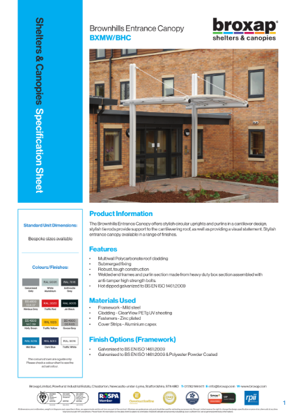 Brownhills Entrance Canopy Specification Sheet