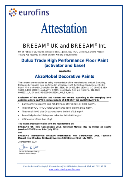 Dulux Trade High Performance Floor Paint BREEAM Attestation 