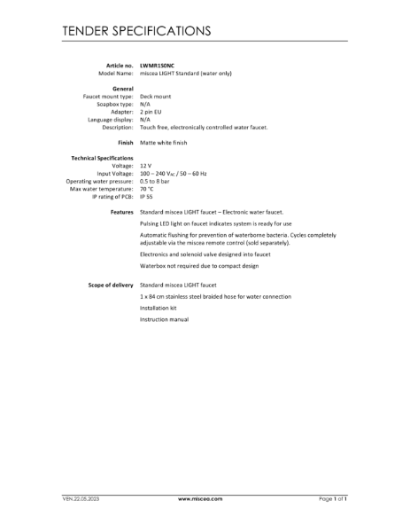 miscea LIGHT Standard (water only) - Article no. LWMR1S0NC