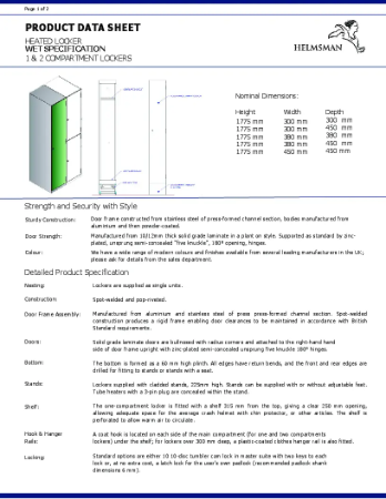 Heated Lockers - Product Data Sheet - 1-2 Compartments