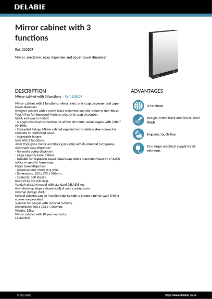 Mirror cabinet with 3 functions Product Data Sheet - 
Ref. 510209