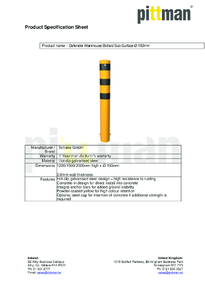 Defender Warehouse Bollard (Sub-Surface) Ø 193mm - Data Sheet