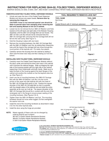 Instructions for replacing 3944-52, folded towel dispenser module - Bobrick models B-3942, B-3944, 3947, and 813061 convertible paper towel dispenser and waste receptacle