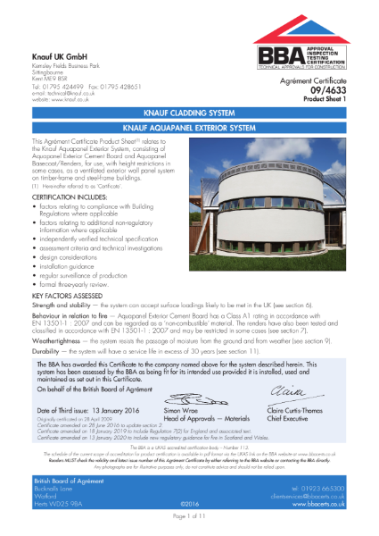 Knauf AQUAPANEL® Exterior System BBA Certificate