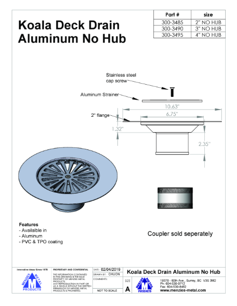 TECHNICAL DRAWING - KOALA DECK DRAIN PVC - NO HUB