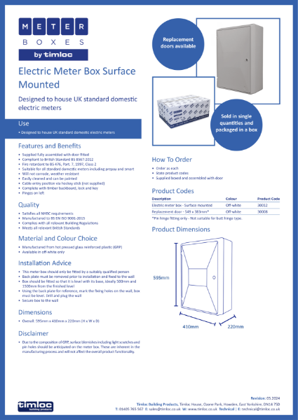 Timloc Building Products Electric Meter Box - Surface Mounted Datasheet