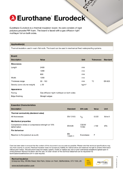 Eurothane Eurodeck flat roof insulation technical datasheet