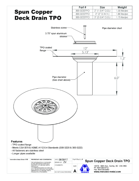 TECHNICAL DRAWING - SPUN COPPER DECK DRAIN - TPO