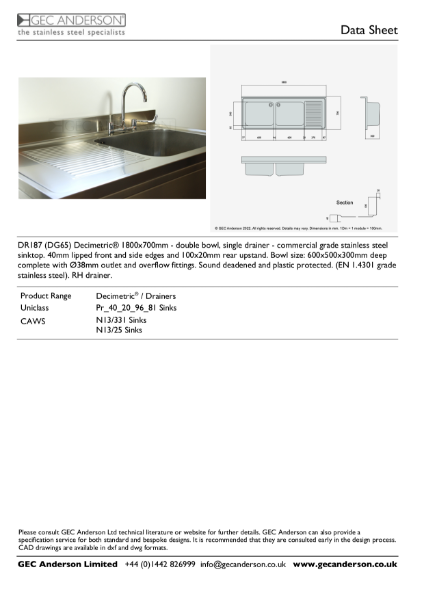 GEC Anderson Data Sheet - DR187 (DG65)R Double Bowl With Drainer