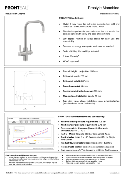PT1113 Pronteau Prostyle (Graphite), 3 in 1 Steaming Hot Water Tap - Consumer Spec