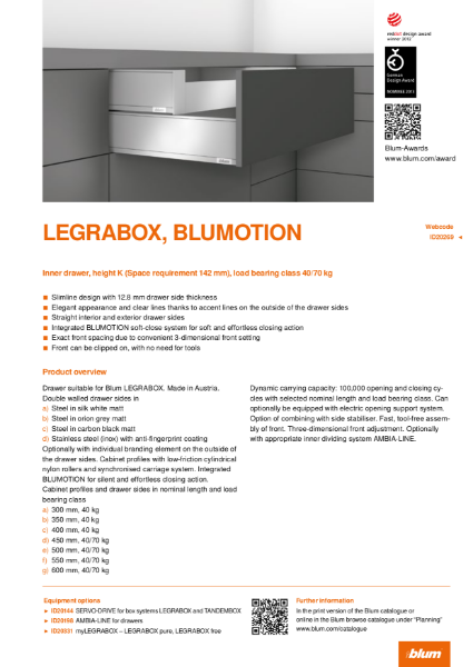 LEGRABOX BLUMOTION K Height Inner Drawer Specification Text