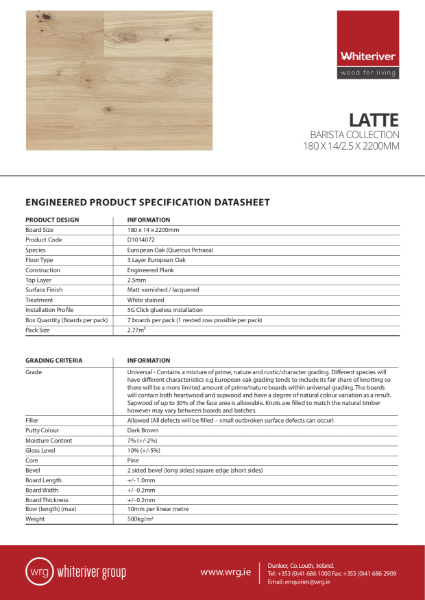 180 x 14 x 2200mm Barista Latte Plank Spec Sheet