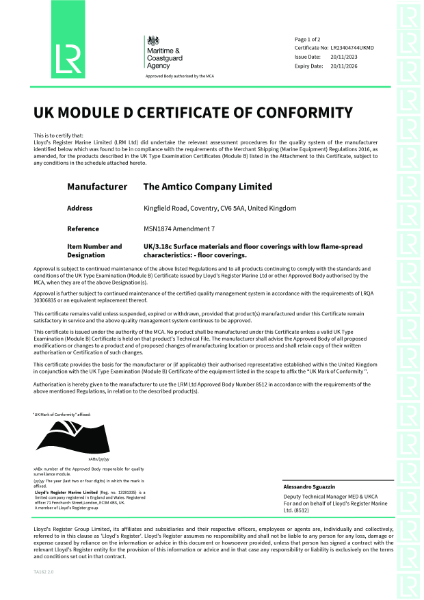 Marine UK (Module D) Certificate of Conformity