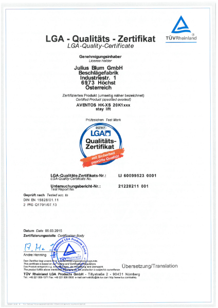 AVENTOS HK-XS LGA-Certificate